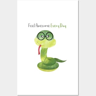 Feel Awesome Everyday - Cute Green Healthy Snake Posters and Art